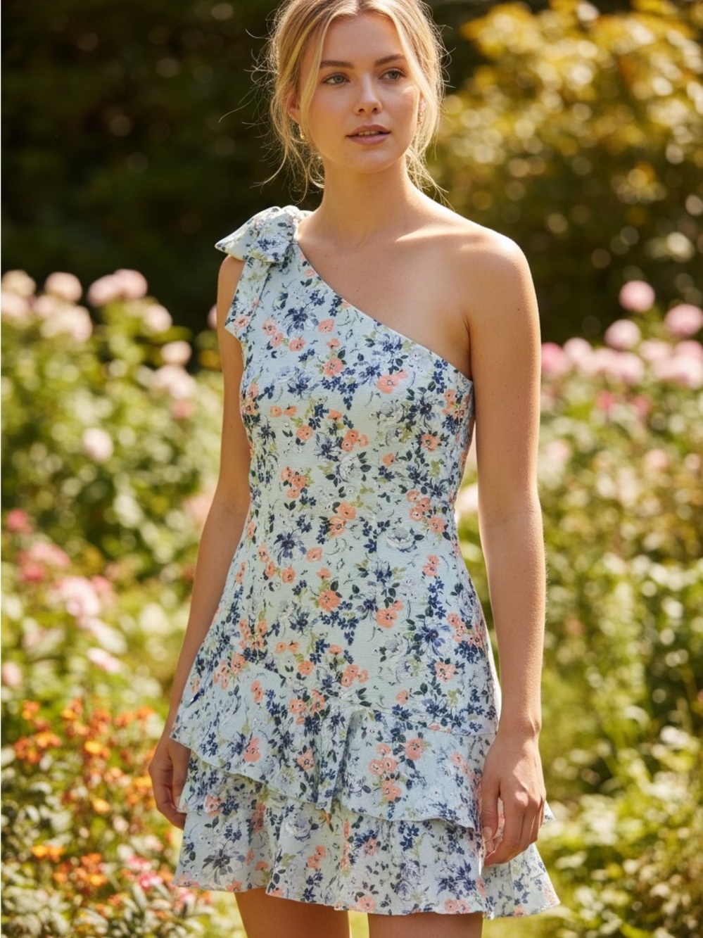BCBGeneration Wedding Guest Dress
One-Shoulder Floral Ruffle Mini Dress -